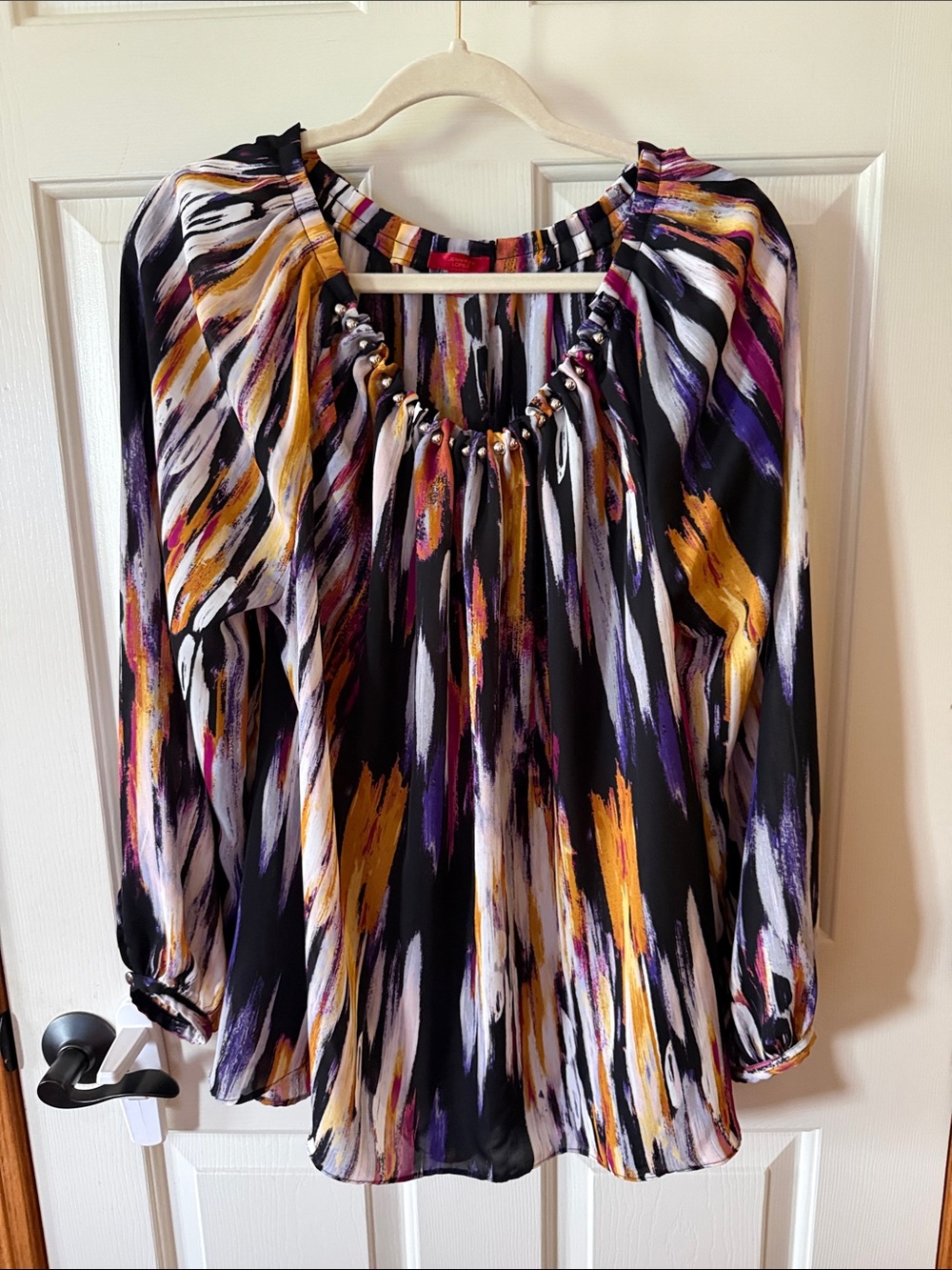 Jennifer Lopez Black Multicolor Abstract Painted-Brush Long Sleeve Top